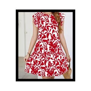 Leaves Print Ruffle Crew Neck Dress